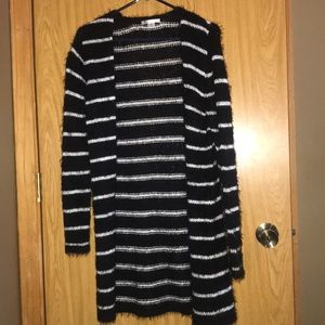 Black and white striped long fuzzy cardigan